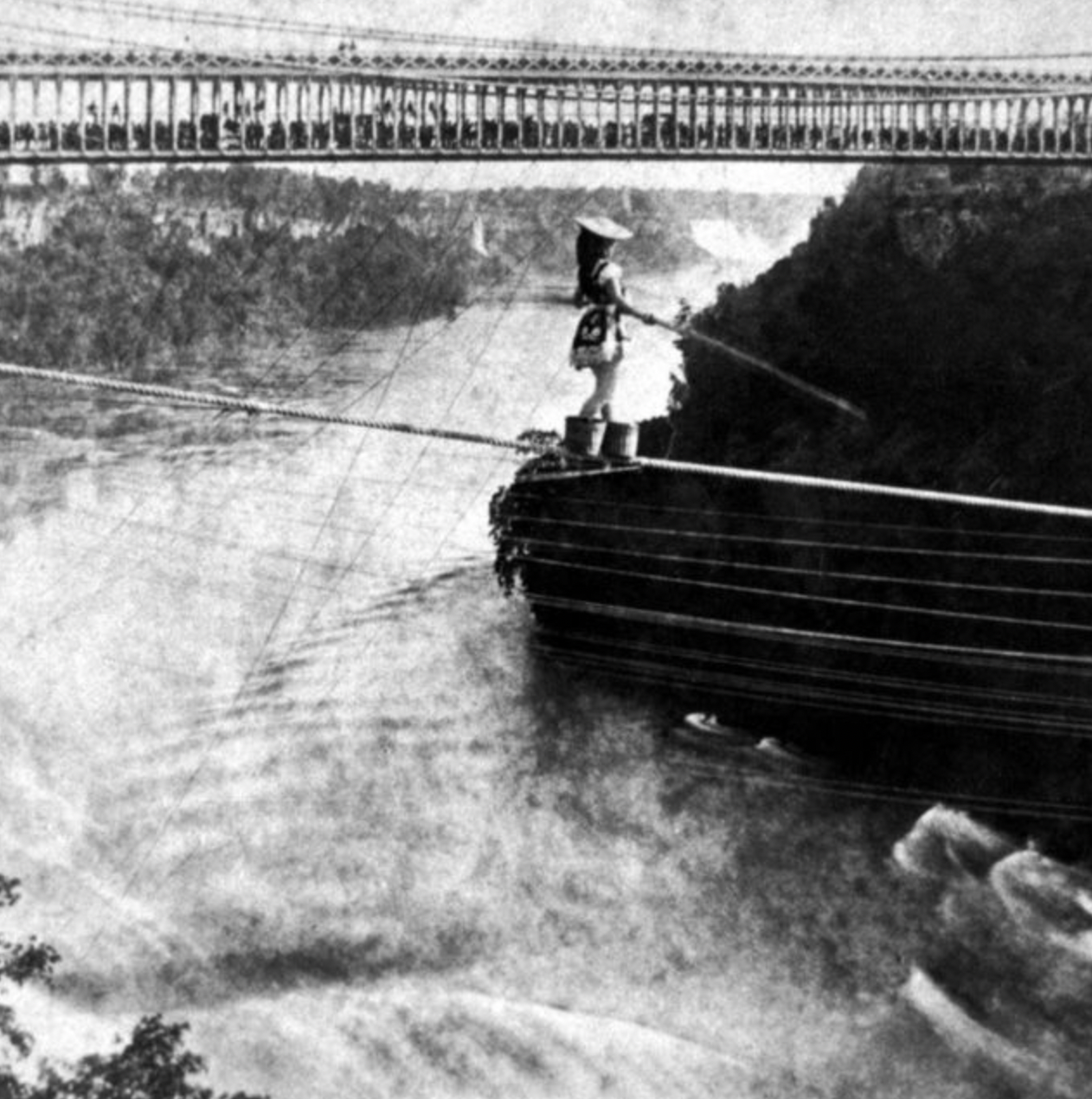 “TIL about Maria Spelterini, who in 1876 became the first (and only) woman to cross Niagara Falls on a tightrope. She crossed several more times with increasingly difficult handicaps: peach baskets strapped to her feet, blindfolded, and with her wrists and ankles shackled together.”